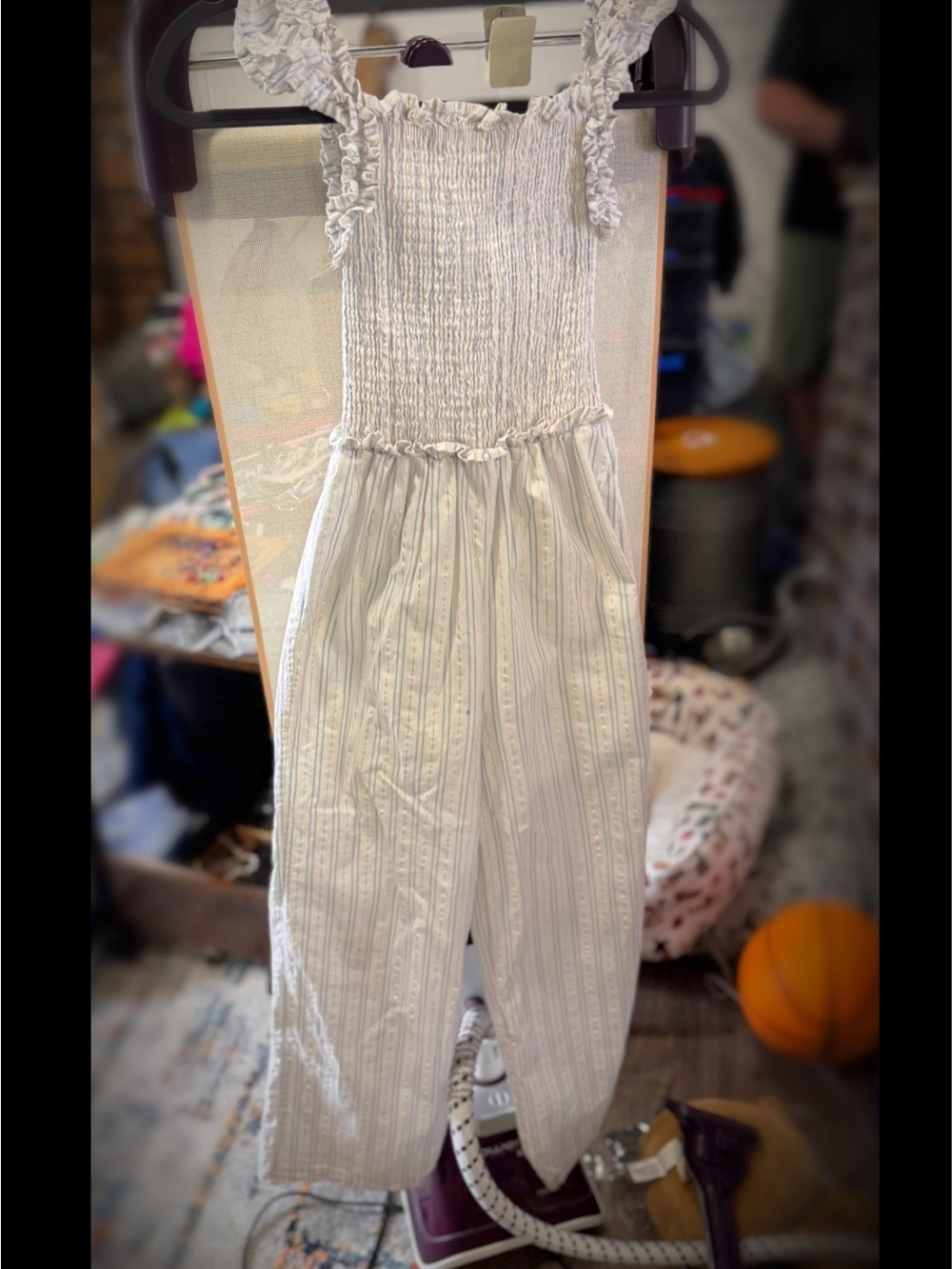 Rachel Zoe Cream Smocked Ruffle-Strap Jumpsuit with Subtle Stripes